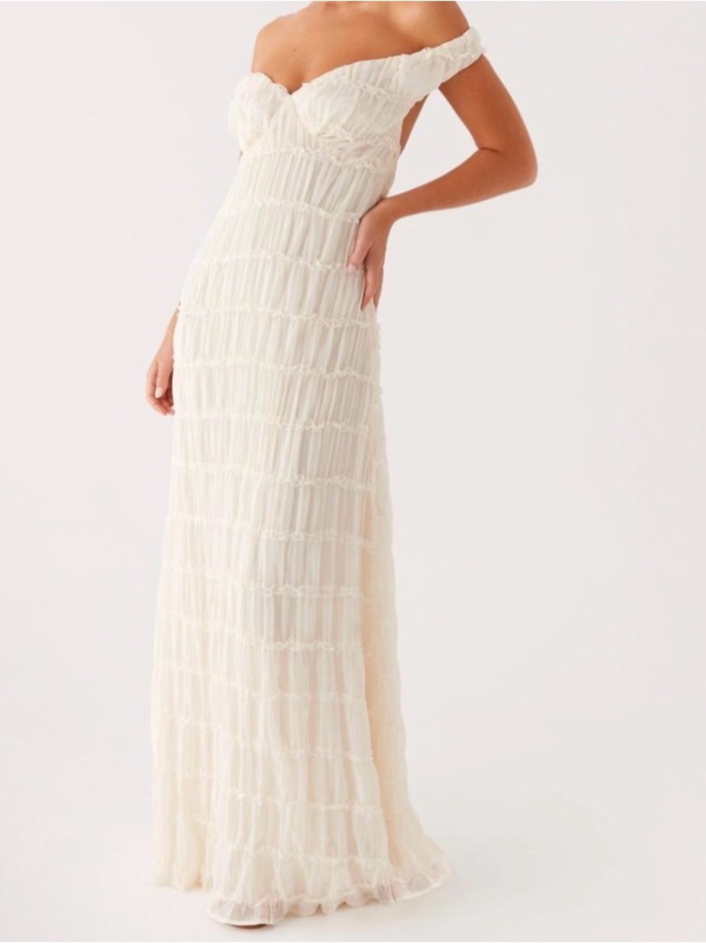 Peppermayo Ivory Off-Shoulder Ruffle Maxi Dress